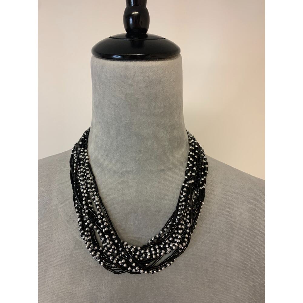 Charming Charlie Necklace Set Black and Silver Multi Strands with Hoop Earring